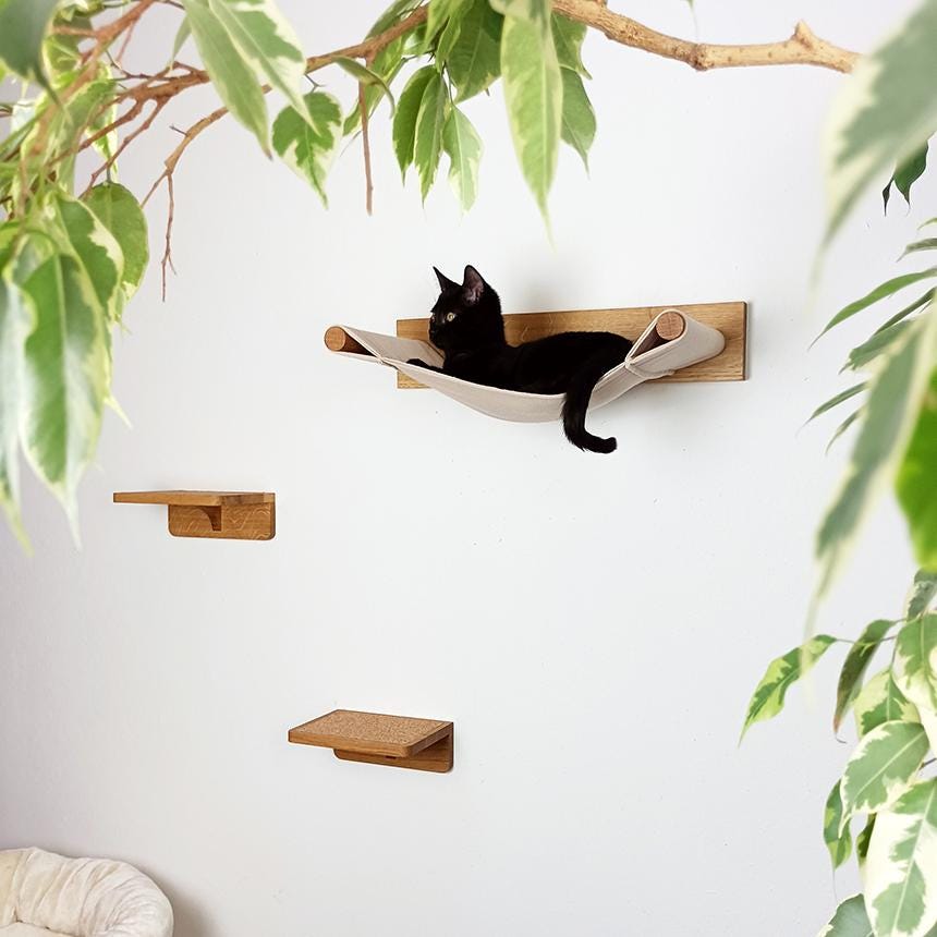 Set aus Hängematte mit Katzenstufen aus massiver Eiche | Katzenwand | Katzenleiter | Kletterwand Katze | Katzenmöbel | Preisvorteil im Set