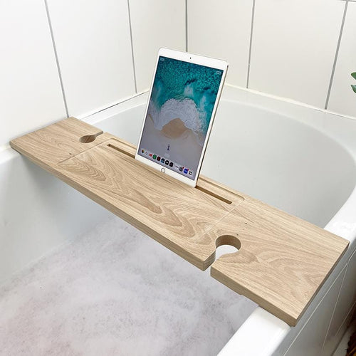 elegante Badewannenablage mit Weinglashalter & Tablethalter | 70-100 cm | Badewannenablage Eiche massiv | Badewannenablage Holz | Badebrett