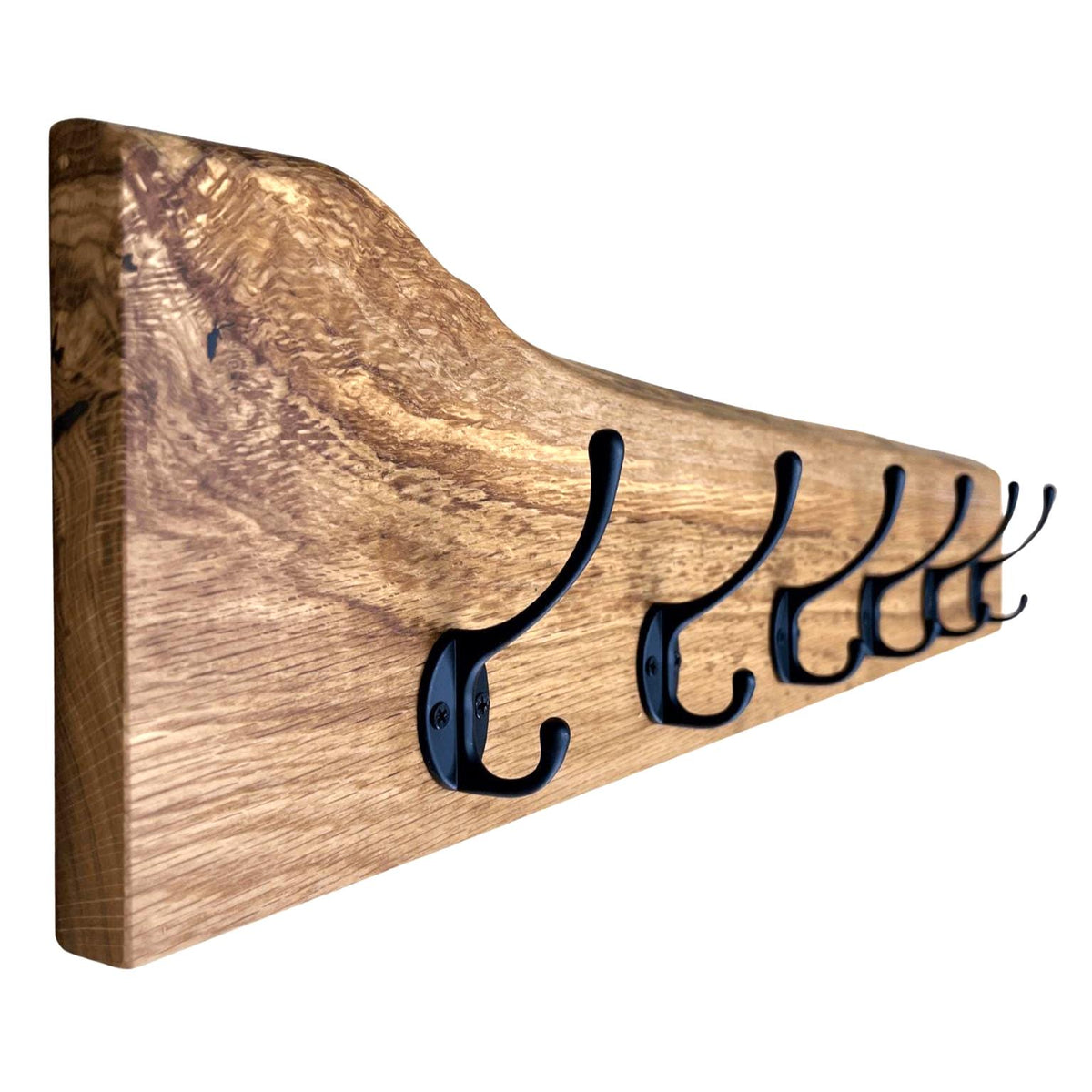 Garderobe mit natürlicher Baumkante | 30 - 120 cm | schwarze Haken | Eiche massiv | Wandgarderobe | Garderobenleiste Holz | Garderobe Eiche