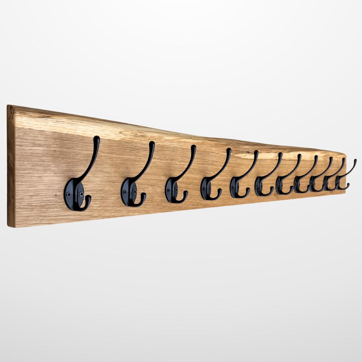 Garderobe mit natürlicher Baumkante | 30 - 120 cm | schwarze Haken | Eiche massiv | Wandgarderobe | Garderobenleiste Holz | Garderobe Eiche