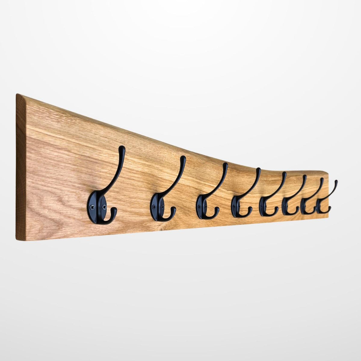 Garderobe mit natürlicher Baumkante | 30 - 120 cm | schwarze Haken | Eiche massiv | Wandgarderobe | Garderobenleiste Holz | Garderobe Eiche