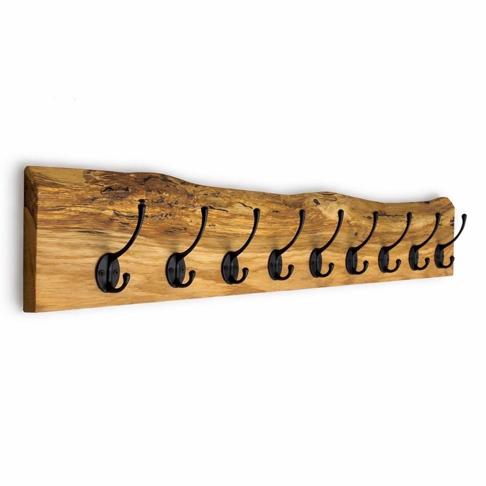Garderobe mit natürlicher Baumkante | 30 - 120 cm | schwarze Haken | Eiche massiv | Wandgarderobe | Garderobenleiste Holz | Garderobe Eiche