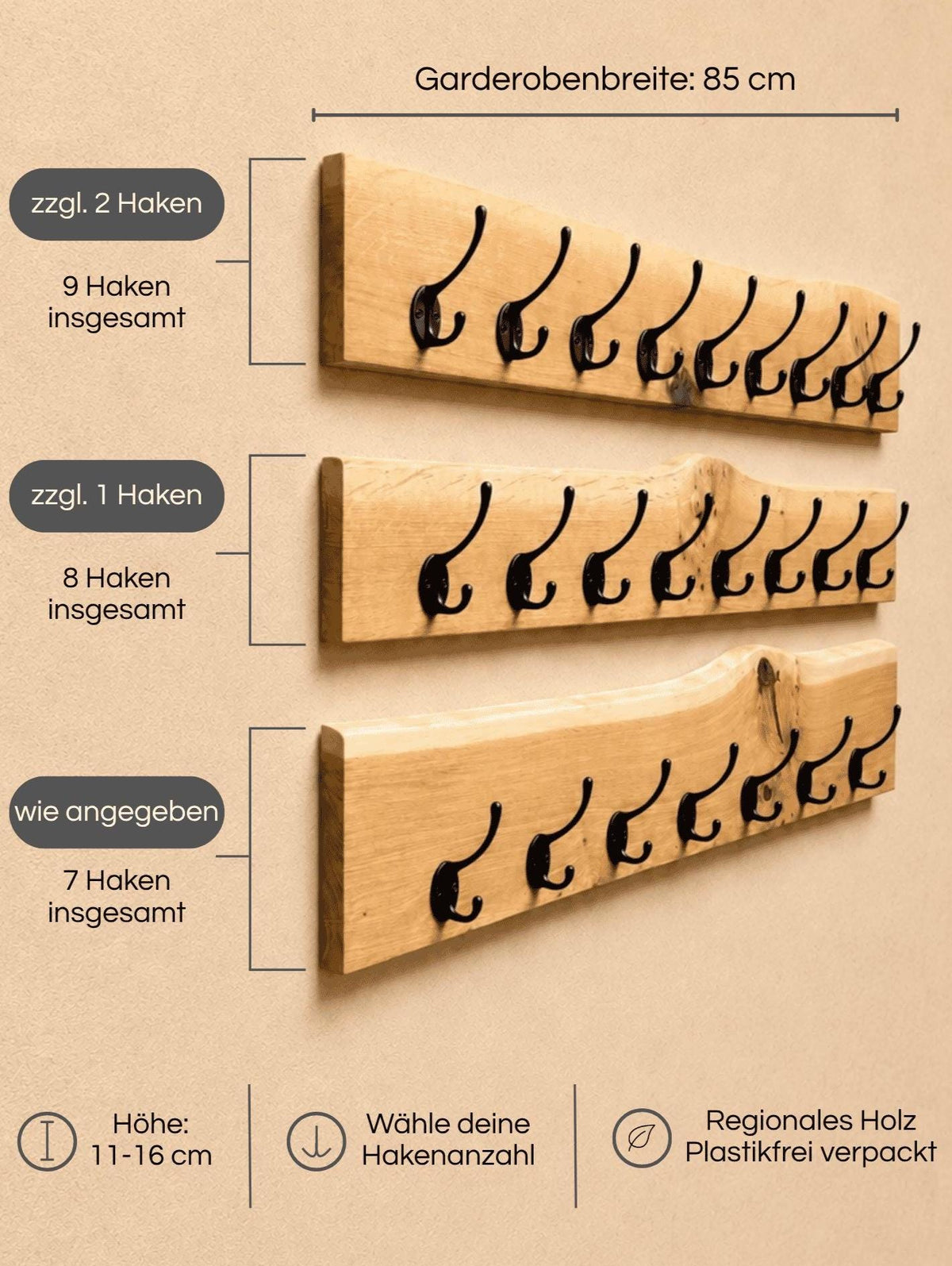 Garderobe mit natürlicher Baumkante | 30 - 120 cm | schwarze Haken | Eiche massiv | Wandgarderobe | Garderobenleiste Holz | Garderobe Eiche